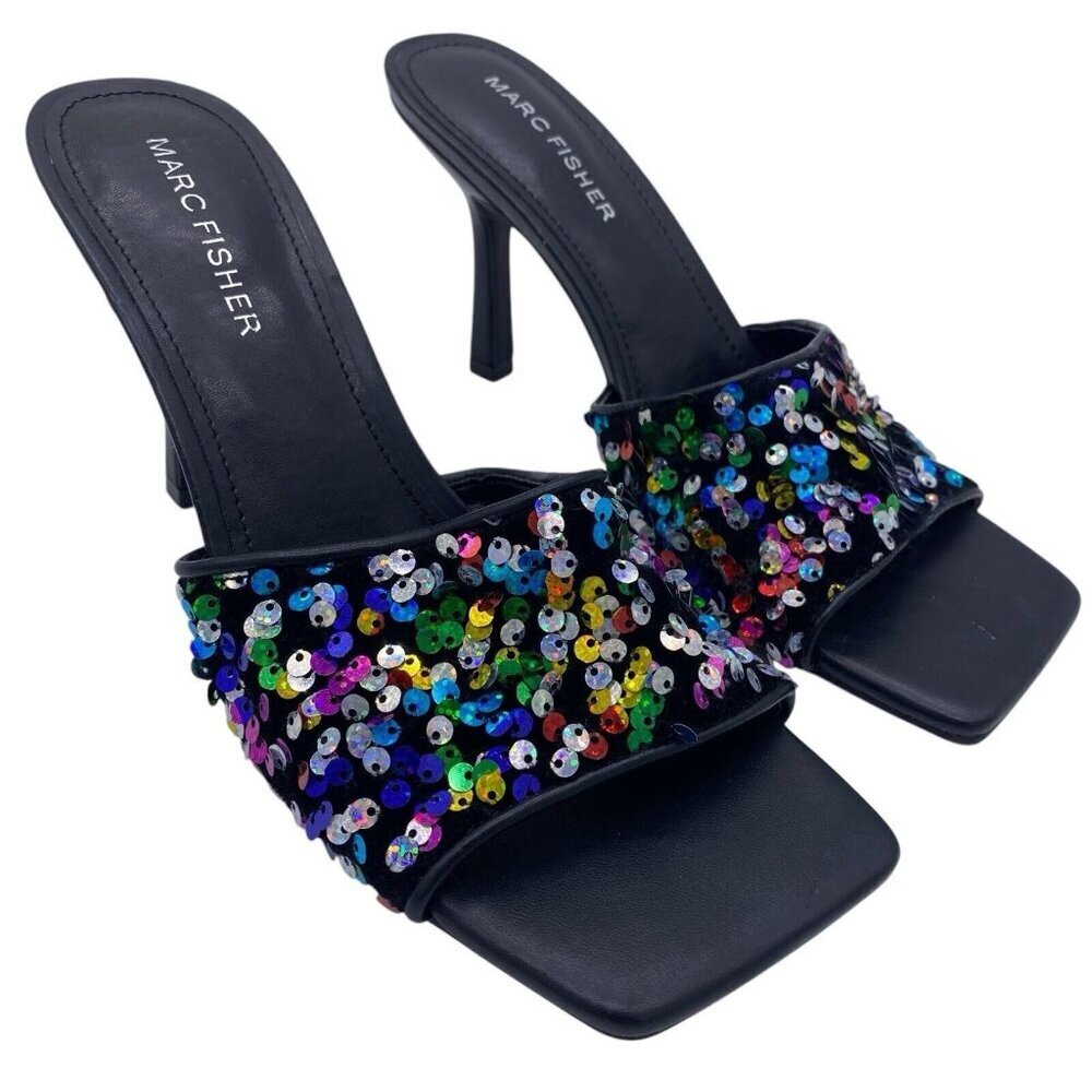Marc Fisher Danria Rainbow Sequin Sandals Sz 8 Square Toe Pumps Swiftie Sparkly